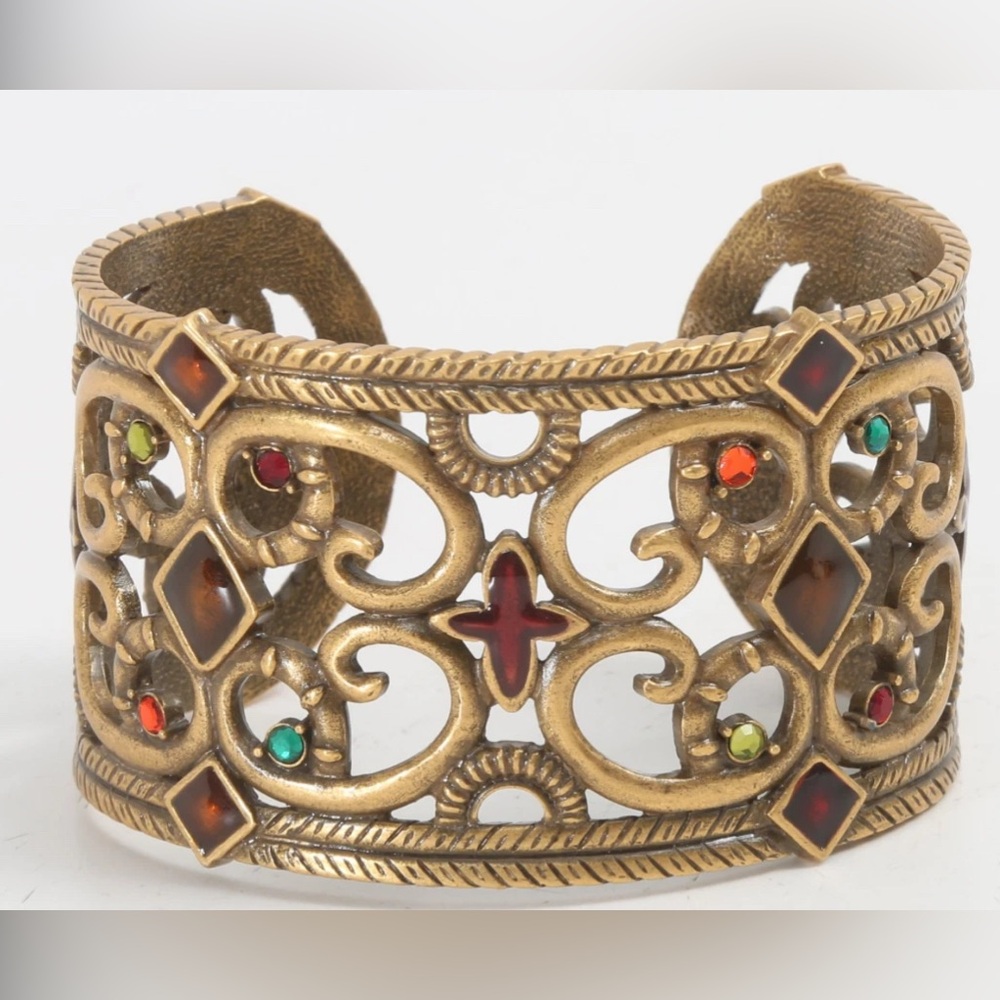 Beautiful Gold Brass Tone Metal Jewel Encrusted Byzantine Style Cuff Bracelet